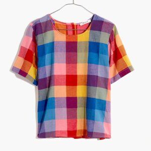 Madewell Rainbow Plaid Colorblock Button Back Linen Blend Boxy Top size S